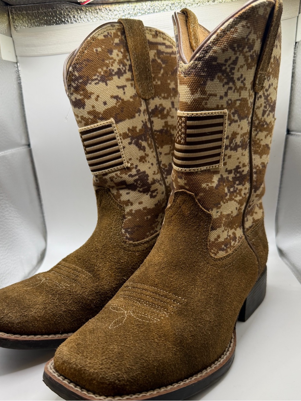 Boys  Brown Suede Cowboy Boots with Camo Shaft